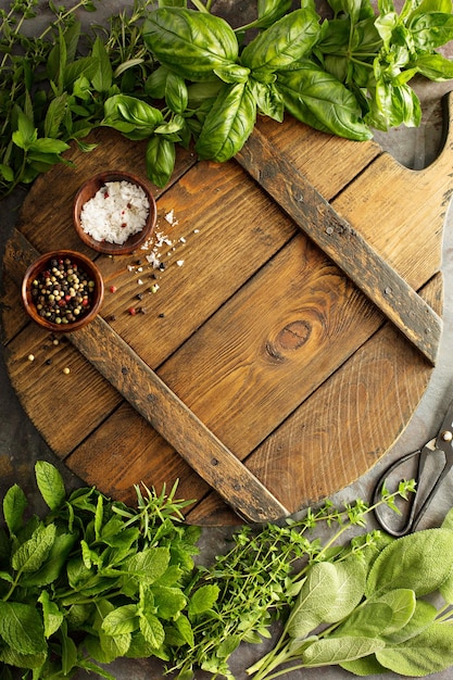Fresh herbs on a wooden table